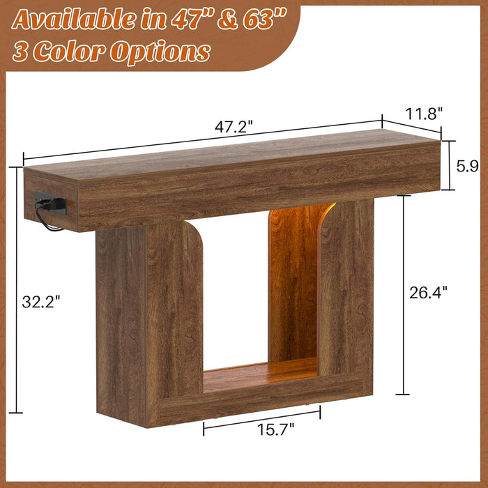 Console Table, 47" Entryway Table with LED Lights & Charging Station, Farmhouse Wooden Sofa Table behind Couch, Narrow Hallway Table for Living Room, Foyer, Entry, Rustic Oak