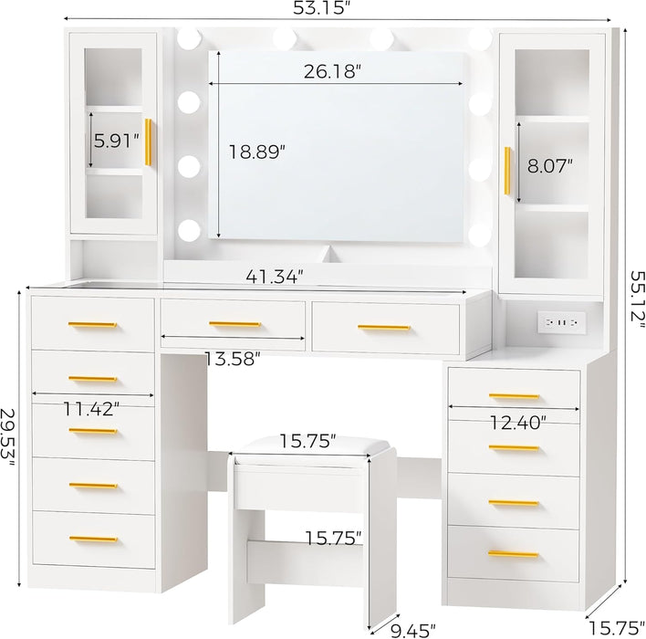 53.15" Large Vanity Desk with Mirror and Lights,White Makeup Vanity with Glass Top Power Outlet Vanity Table with 11 Drawers 6 Shelves Dressing Table Stool Set for Bedroom Women UXFST008W