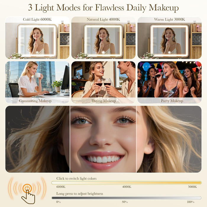 Fluted Vanity Desk with Mirror and Lights, Small Makeup Vanity with 2 Drawers and Jewelry Storage Cabinet, 3 Lighting Modes Adjustable Brightness, Dressing Table for Bedroom - Natural Oak