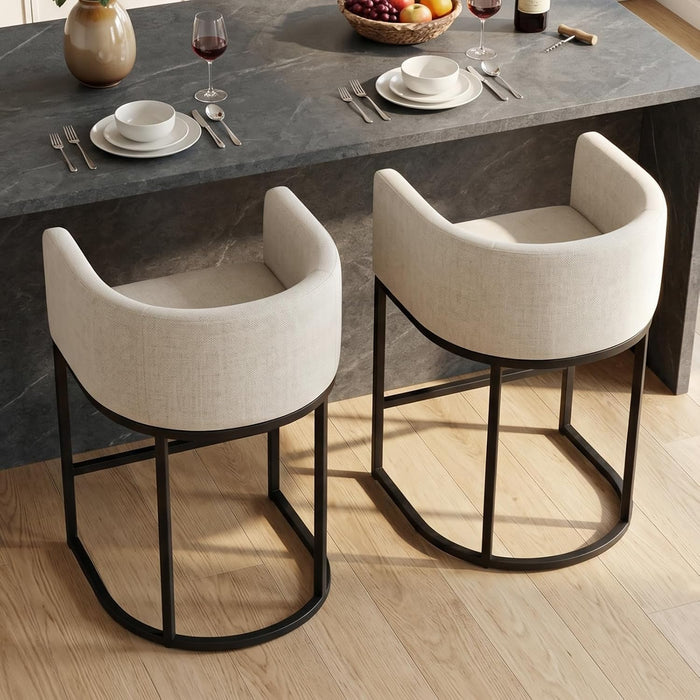 Counter Height Bar Stools Set of 2, 24 Inch Seat Height Barstools for Dining Room, Fabric Upholstered Bar Chair for Kitchen Island, Linen Counter Stools with Metal Legs, Beige