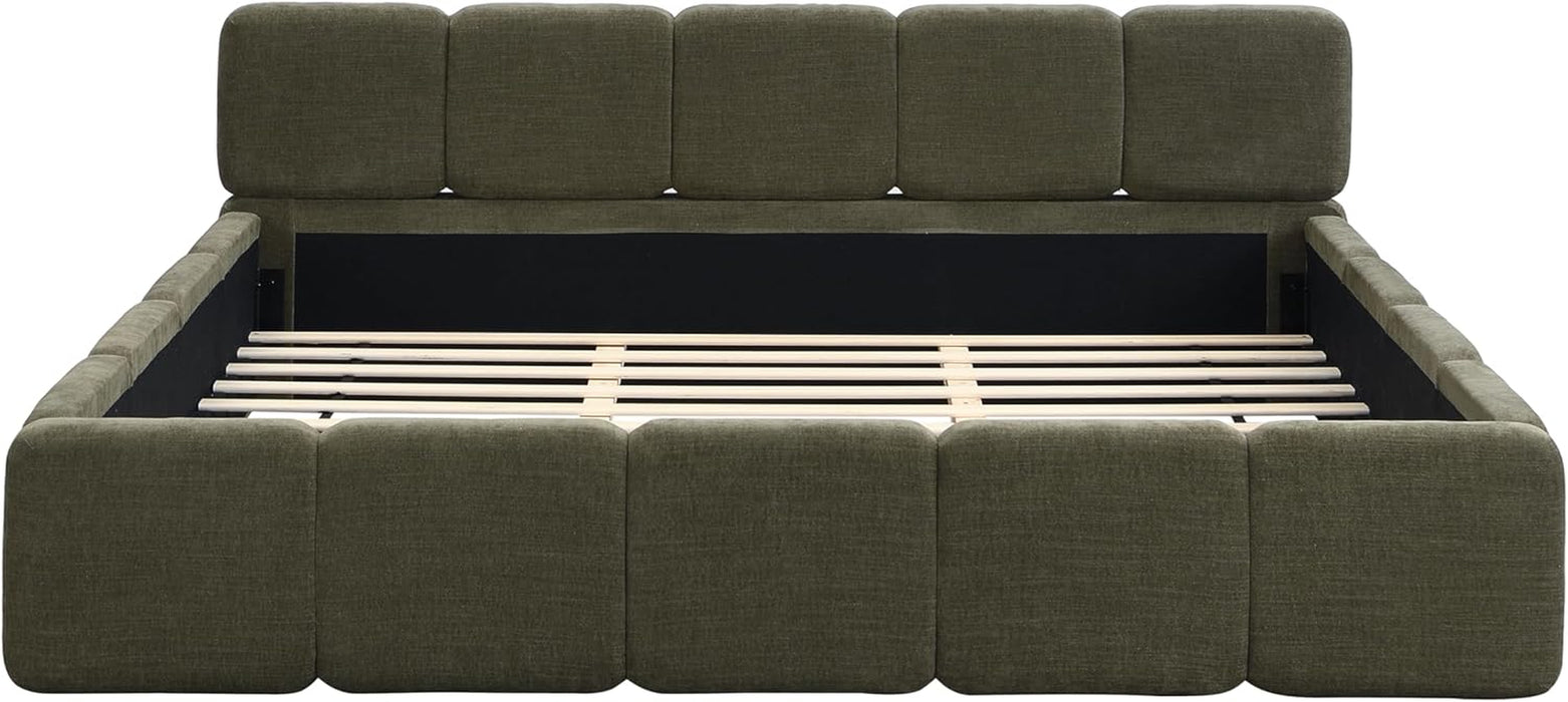 King Size Boucle Platform Bed with Thick Headboard and Footboard, Block Style Upholstery Floor Bed Frame, Green