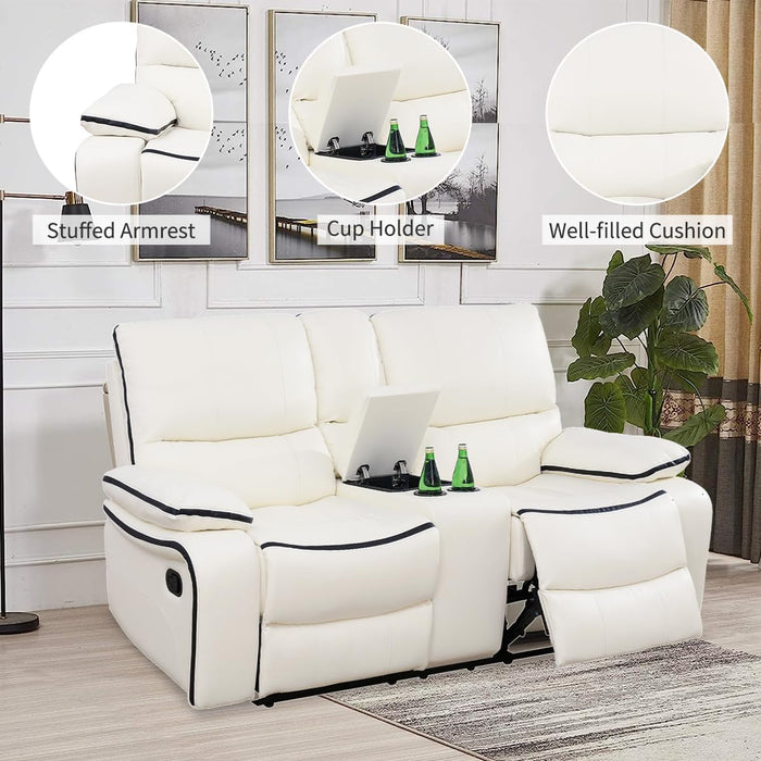 Leather Recliner Sofa Set,Leather Living Room Furniture Set with Storage Console/Cup Holders,Reclining Sofa Set for House/Home Theater(Sofa&Loveseat 2 Pieces，White)