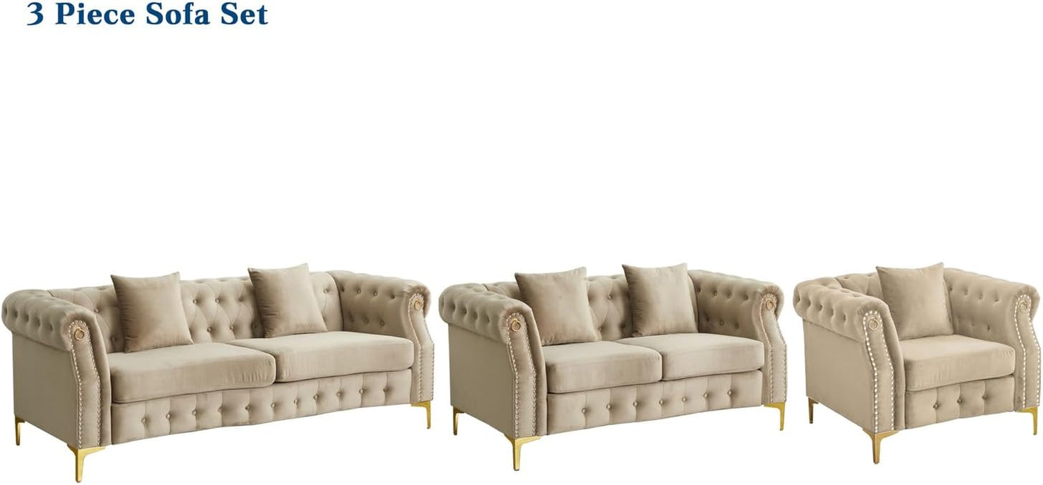 3 Piece Living Room Set, Mid-Century Style Sofa,Button Tufted Armchair Loveseat Couch with Square Pillows and Nailhead Trim for Living Room Beige