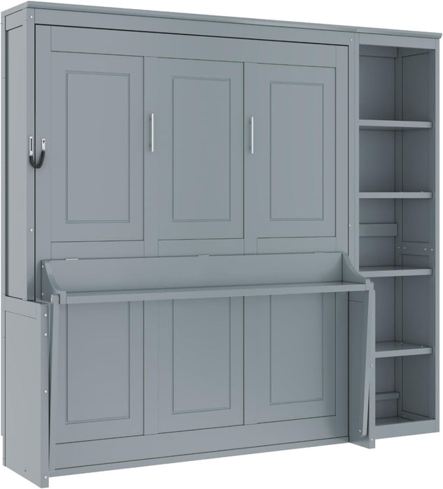 Murphy Bed Wall Bed, Fold-Down Wall-Mounted Bed with Desk and Bookshelf, Space-Saving Guest for Small Rooms, Easy Assembly, Full/Queen Size (Gray, Full)