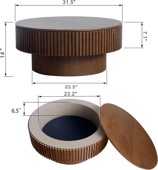 31.5" round Coffee Table with Hidden Storage Compartment, Modern Handcraft Fluted Drum Coffee Table, Wooden Circle Center Table Cocktail Tea Table with Sturdy Pedestal for Living Room, Walnut