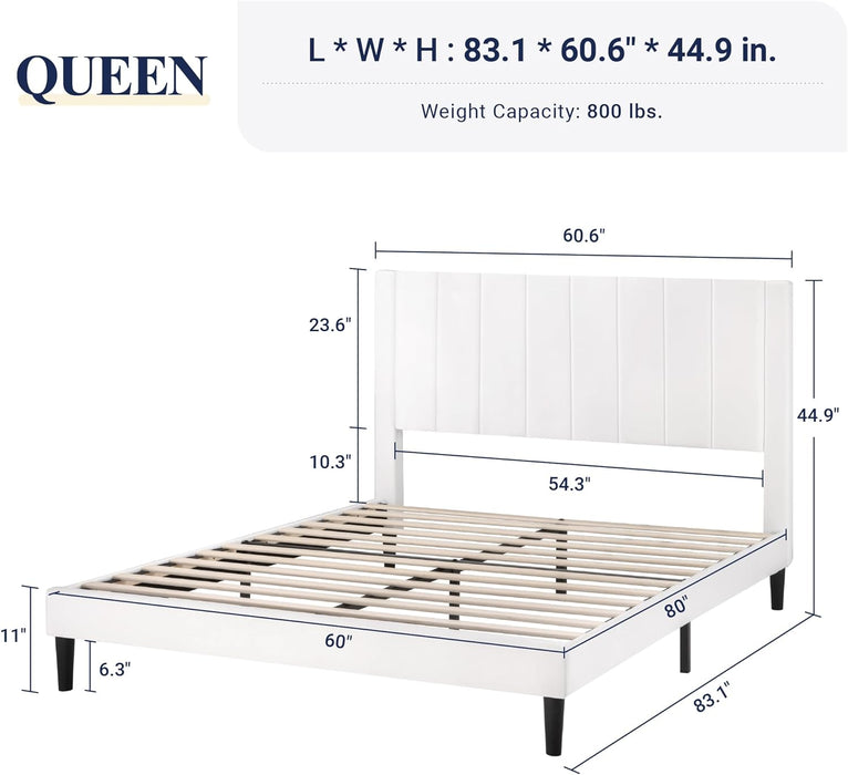 Queen Bed Frame/Velvet Upholstered Bed Frame with Vertical Channel Tufted Headboard/Strong Wooden Slats/Platform Bed Frame/Mattress Foundation/Box Spring Optional/Easy Assembly/White