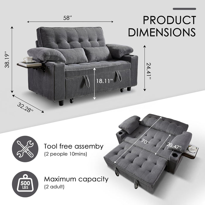58In Sleeper Sofa Bed DarkGrey FoldableSideTable SpaceSaving
