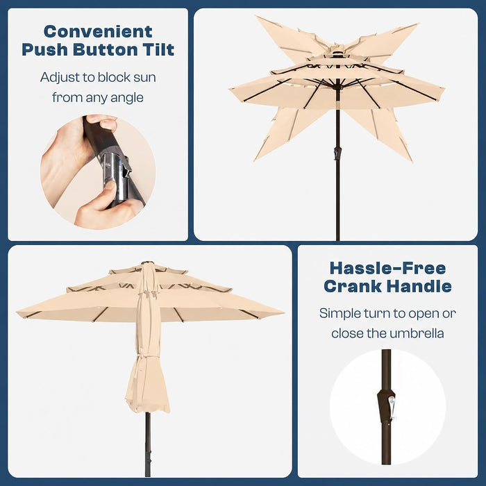 10Ft 3 Tier Patio Umbrella, Outdoor Market Table Umbrella with UPF 50+ Vented Canopy, 8 Sturdy Ribs, Easy Push Button Tilt and Crank, Windproof for Deck, Pool, Backyard and Garden