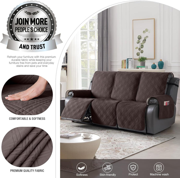 100% Waterproof Recliner Sofa Cover Non Slip Couch Cover for 3 Seat Reclining Sofa, Split Reclining Couch Covers 3-Piece with Straps, Washable Sofa Slipcover for Kids Pets(3 Seater, Chocolate)