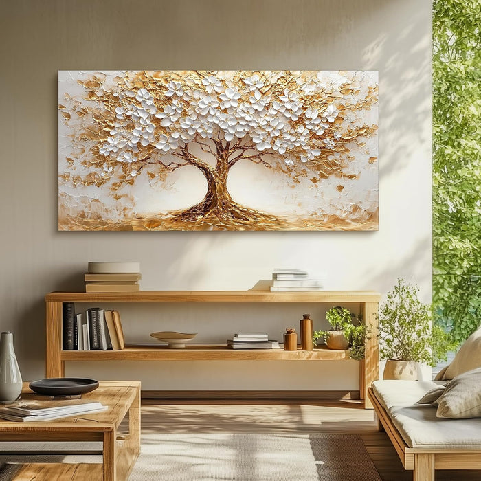 White Gold Tree of Life Wall Art, Blooming Flower Tree Extra Large Artwork, Abstract Landscape Canvas Art Prints, Modern Oversized Pictures Wall Decor Living Room Office Ready to Hang 29"X57"