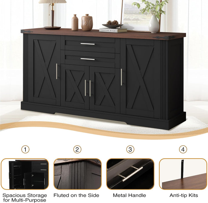 63" Farmhouse Barn Door Sideboard Buffet Cabinet with Storage – 2 Drawers, Adjustable Shelves, Door Rack, Kitchen Buffet, Large Sideboard Buffet Cabinet, Cabinet for Dishes, Black