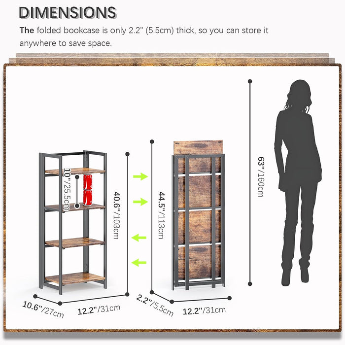 No Assembly Small 4 Tier Folding Bookshelf Compact Storage Shelves Vintage Bookcase Standing Racks for Bedroom Living Room Home Office