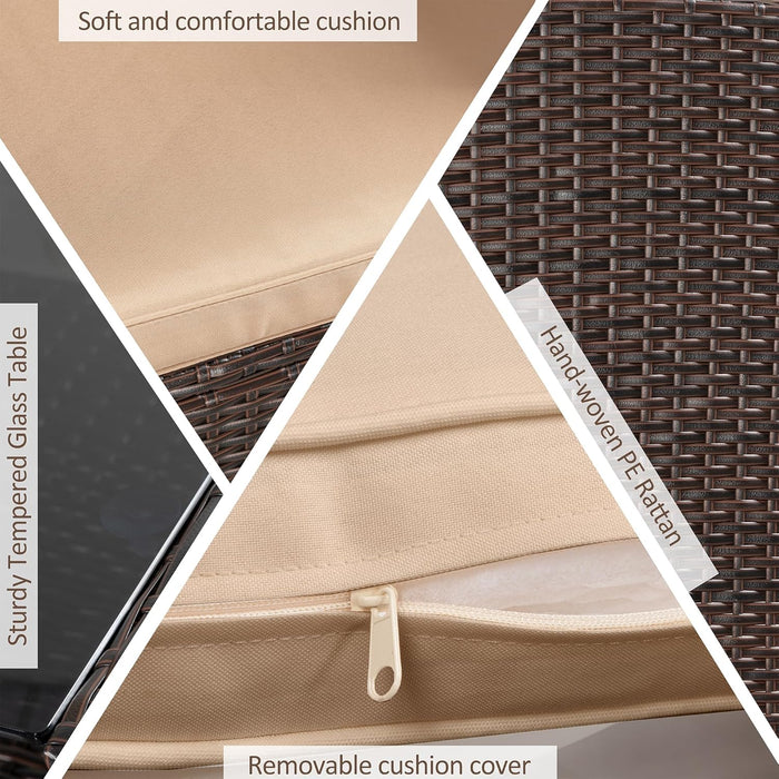 4 Piece Patio Furniture Set, Outdoor Rattan Conversation Set with Coffee Table, outside Wicker Sectional Sofa Couch with Cushion, Brown and Khaki