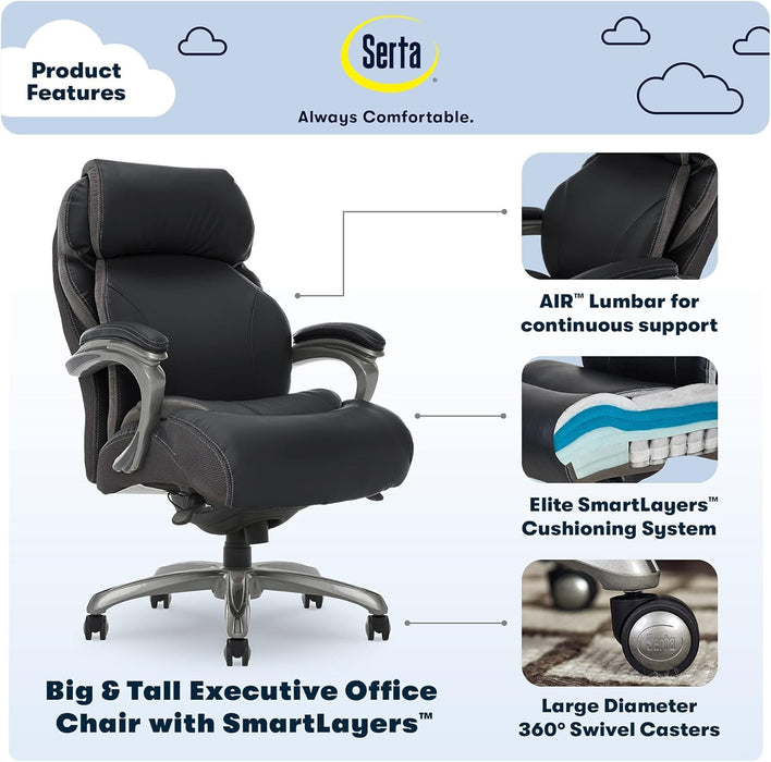 Jackson Big and Tall Executive Office Chair with AIR Technology and Smart Layers Premium Elite Foam, Supports up to 350 Pounds, Bonded Leather, Black
