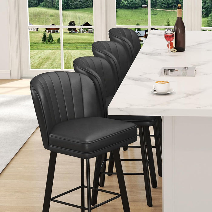 Swivel Counter Height Bar Stools Set of 4, 26'' Modern Barstools with Backs and Metal Legs, Upholstered Bar Chairs, Faux Leather Black Stools for Kitchen Island Chairs