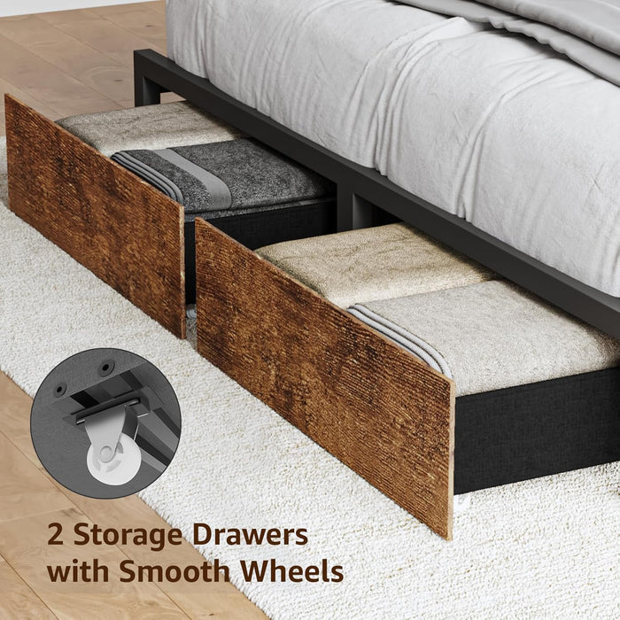 Full Size Bed Frame with 4 Storage, Upholstered Velvet Platform Bed Frames with Button Tufted Headboard Led Lights, Wooden Slats Support, No Box Spring Needed, Rustic Brown