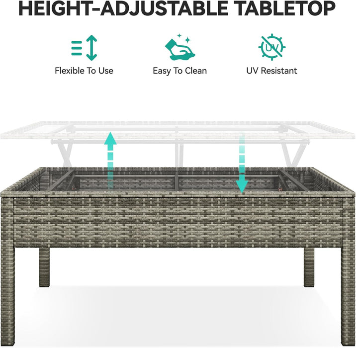 L-Shaped Outdoor Sectional Sofa Set with Adjustable Lift-Top Dining Table, All-Weather Wicker Patio Furniture, Ottoman & Tempered Glass Top, Gray Gradient