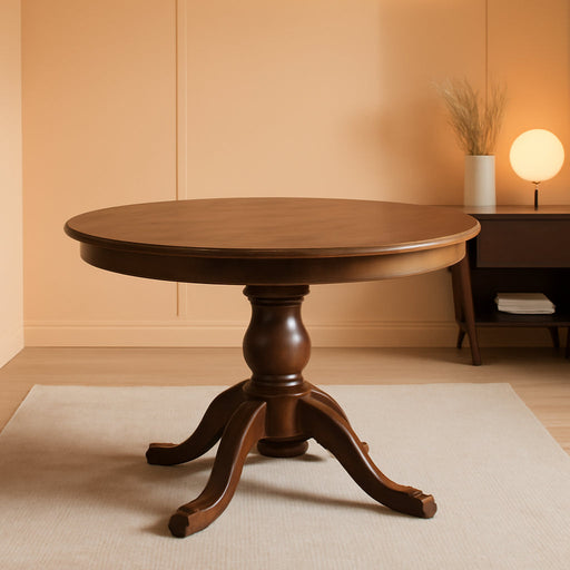 FE6-0N-TP round Breakfast Table with Acacia Wood Top and Elegant Pedestal Base - Antique Walnut Finish