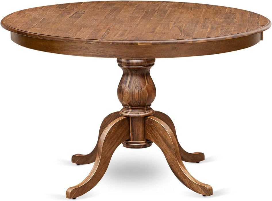 FE6-0N-TP round Breakfast Table with Acacia Wood Top and Elegant Pedestal Base - Antique Walnut Finish