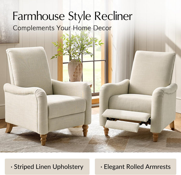Farmhouse Curved Recliner Chair with Spindle Legs, Linen