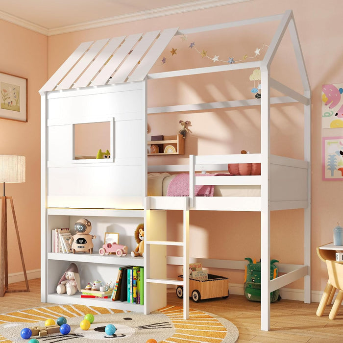 Twin Size Loft Bed with LED Lights, House Bed with Roof, Window & Storage Bookshelf, Solid Wood Bed Frame with Ladder, Safety Guardrails, Under-Bed Play Space, for Kids Boys Girls, White