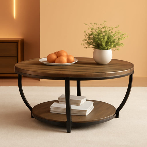 round Coffee Table, 31.7" Wooden 2-Tier Circle Coffee Table with Storage Shelves, Modern Accent Cocktail Table Center Table for Living Room, Rustic Brown