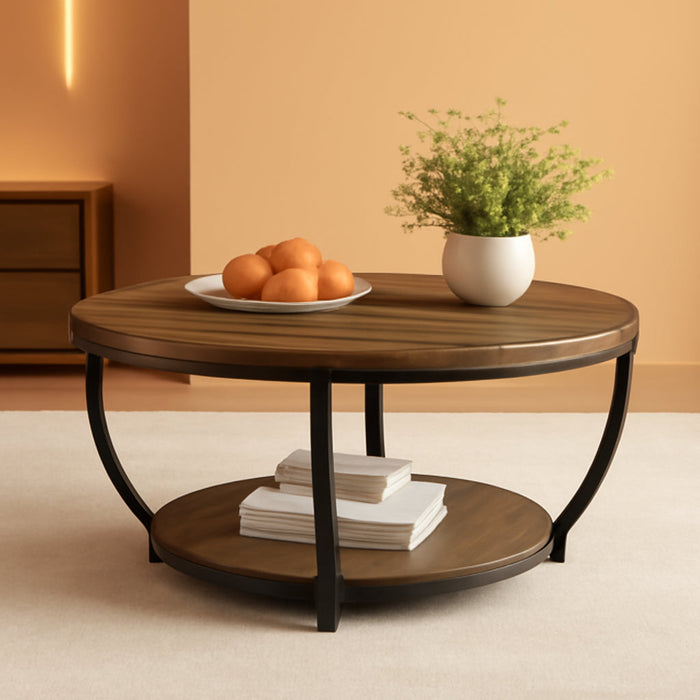 round Coffee Table, 31.7" Wooden 2-Tier Circle Coffee Table with Storage Shelves, Modern Accent Cocktail Table Center Table for Living Room, Rustic Brown