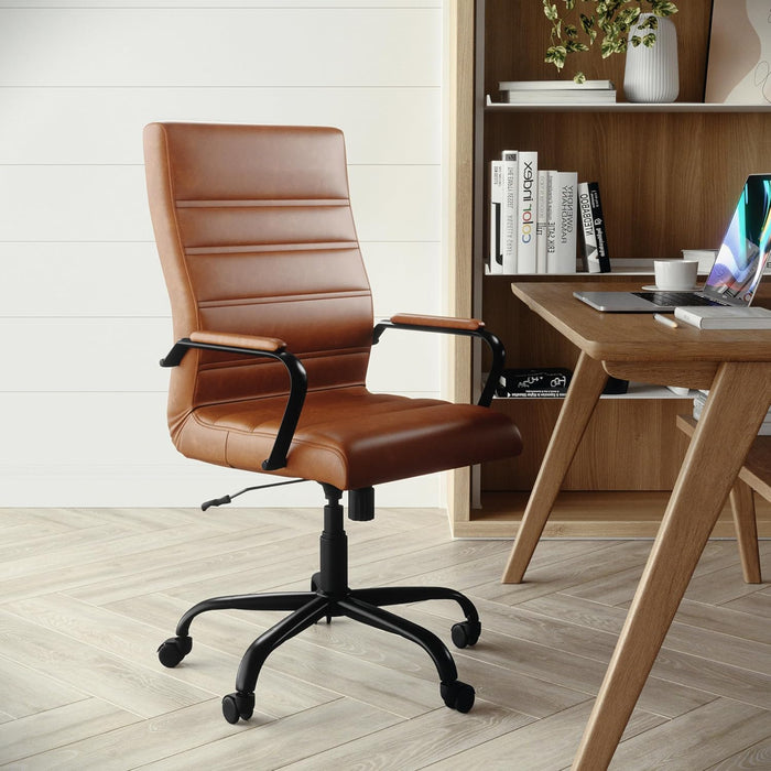Whitney High-Back Swivel Leathersoft Desk Chair with Padded Seat and Armrests, Adjustable Height Padded Leathersoft Office Chair, Brown/Black Gold