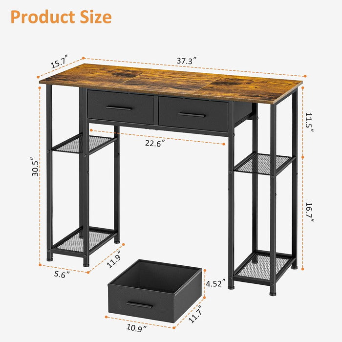 Computer Desk with Drawers, 37.3 Inch Home Office Work Desk with Storage Shelf, Kids Teens Study Table for Small Space, Small Writing PC Table for Bedroom Makeup Vanity Desk, Brown