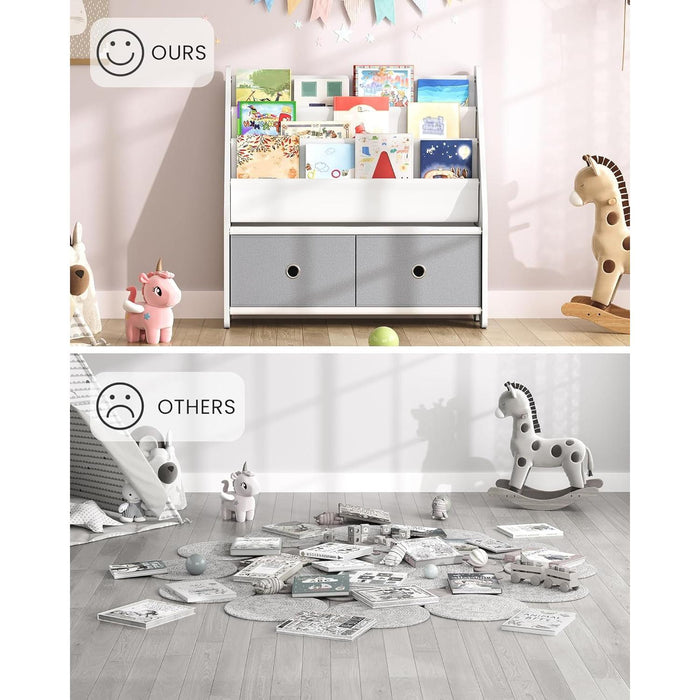 Kids Bookshelf and Toy Storage, 4 Tier Large Capacity Kids Book Rack, Sling Kids Bookcase, for Kids Room, Nursery, Playroom, White and Gray MCW06WT