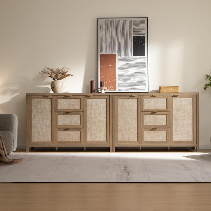 Rattan Large Sideboard Buffet Cabinet with Storage - Farmhouse Boho Coffee Bar Storage Cabinet with 3 Drawers and 2 Doors, Tall Credenza for Living Room, Kitchen, Caramel Oak (2 Pieces)