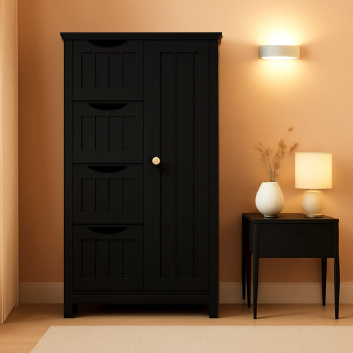 Wooden Bathroom Floor/Side Storage Organizer Cabinet with 4 Drawers and 1 Cupboard, Freestanding Entryway Storage Unit Console Table for Home Decor