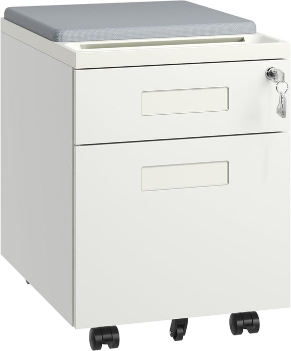 White Mobile File Cabinet, 2 Drawers, Seat