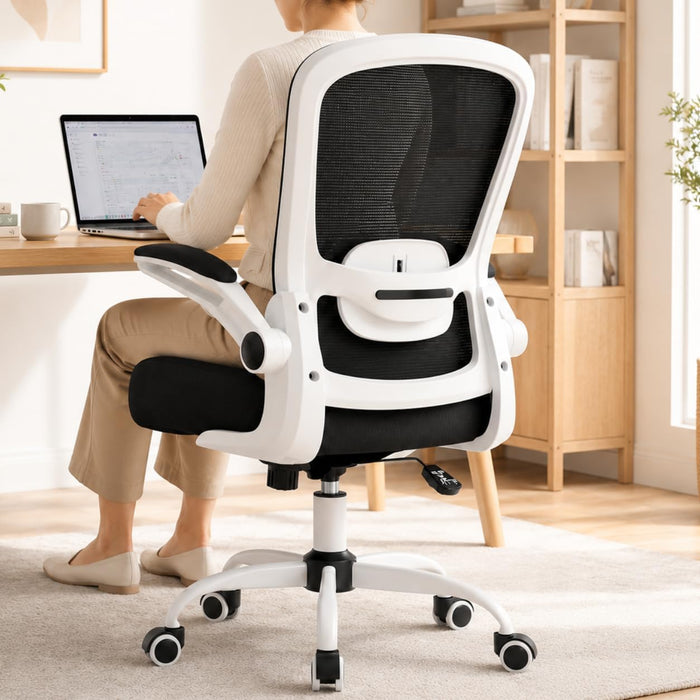 Ergonomic Office Chair - Desk Chair with Flip-Up Armrests & 135° Recline, Adjustable Lumbar Support - Space-Saving Task Chair for Business/Team Office & Home (White Frame-Black, 300Lbs)