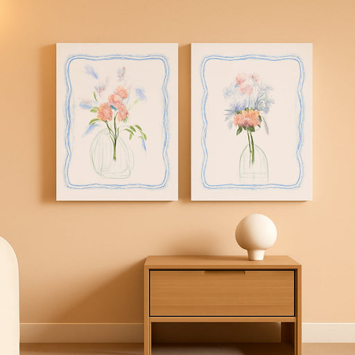 2Pcs Bouquet Sketch Canvas Wall Art Minimalist Rose Floral Wall Decor Colorful Flowers Pictures Painting English Garden Artwork Neutral Plants Prints for Bedroom Bathroom Gallery Decoration,12X16In