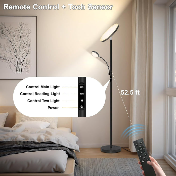 Floor Lamp-42W/4200Lm Super Bright Floor Lamp,Dimmable 2-In-1 LED Floor Lamp for Bedroom,Torchiere Floor Lamps with Remote & Touch Control,69" Tall Standing Lamp for Living Room,Office,Reading,Black