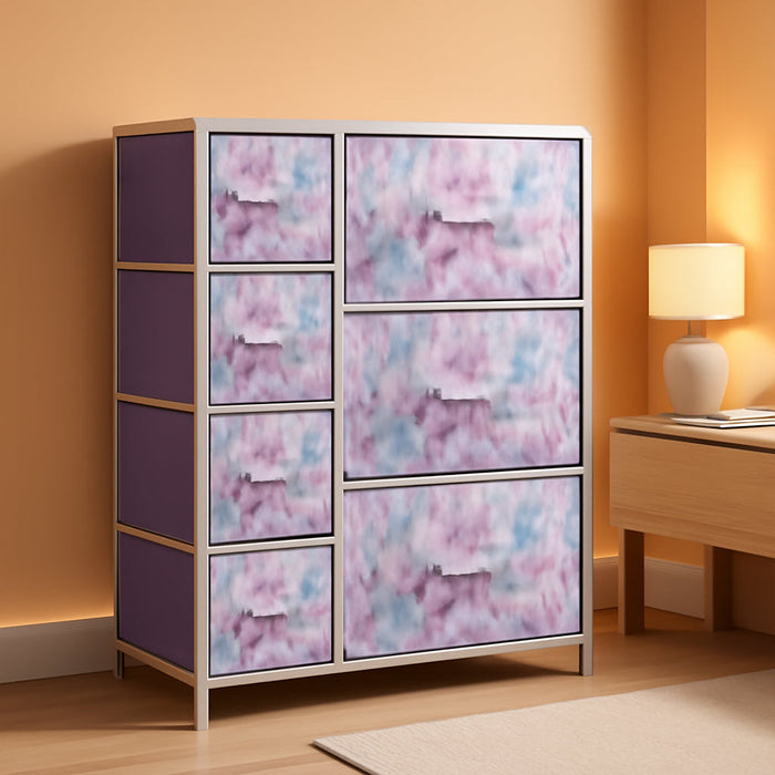 Kids Dresser with 7 Drawers - Storage Chest Organizer Unit with Steel Frame, Wood Top & Handles, Tie-Dye Fabric Bins for Clothes - Wide Furniture for Bedroom Hallway Kids Room Nursery & Closet