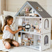 Large Wooden White Dollhouse with Loft, Swing and Balcony, Lovely Playhouse with Stairs and Ladder