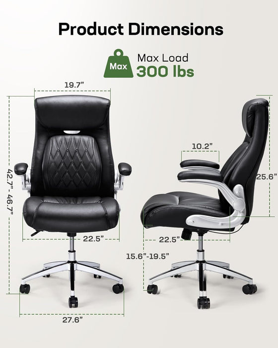 Comfortable-Office Chair with Dynamic-Lumbar Support: High Back PU Leather Executive Office Chair with Flip-Up Arms Tilt Function, Ergonomic Executive Desk Chair for Home Office Work, Black