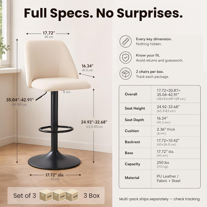 Adjustable Upholstered Bar Stools Set of 3,360° Swivel Counter Height Chairs with Soft Cushioned Seat & Stable Metal Base for Kitchen Island,250 LBS Capacity,Easy Assembly,Beige