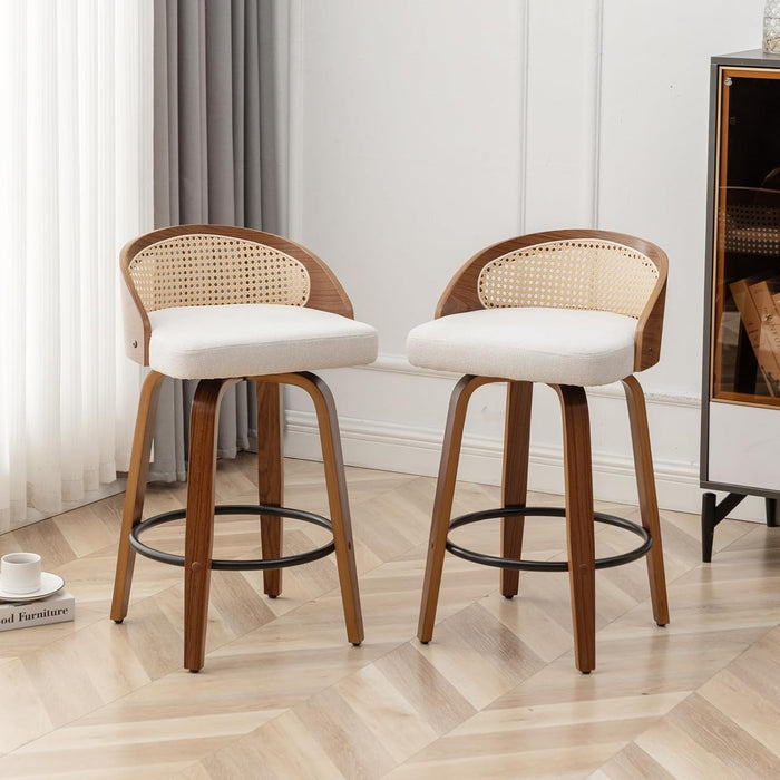 30" Swivel Rattan Bar Stools Set of 2,Mid-Century Modern Beige Linen Fabric Upholstered Counter Height Stools,Kitchen Island Barstools with Rattan Low Backrest,Walnut Wood Finish Bar Chair