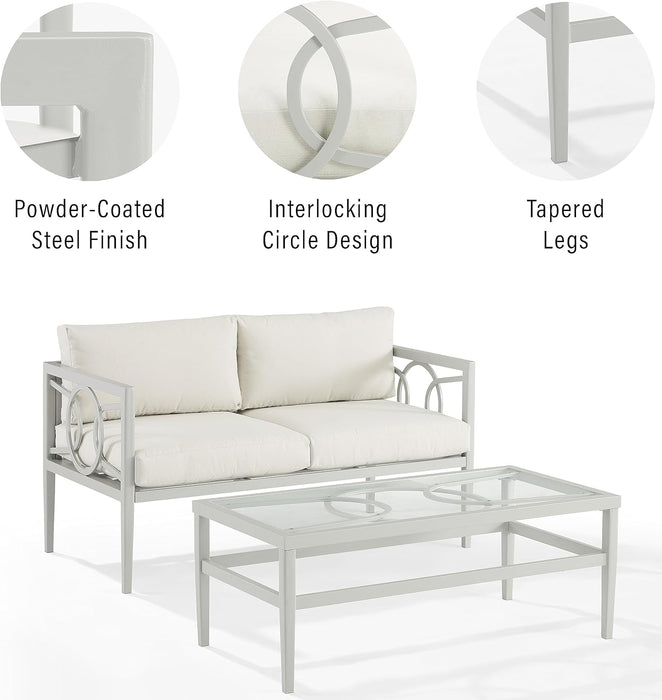 Ashford 2-Piece Outdoor Coffee Table and Loveseat Patio Furniture Set for Porch, Deck, Gray with Creme Cushions