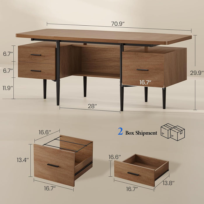 70.9" W X 27.6" D Office Desk with 3 Drawers, Modern Computer Desk with Storage, Home Office Desks with File Drawer, Privacy Panel, Large Executive Desk, Brown