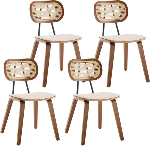 Modern Dining Chairs Set of 4, Upholstered Faux Leather Dining Room Chairs with Rattan Backrest and Wood Legs, Armless Wood Kitchen Chairs for Dining Room, Beige