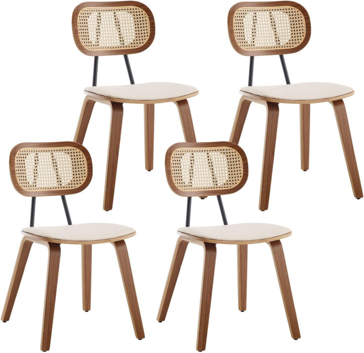 Modern Dining Chairs Set of 4, Upholstered Faux Leather Dining Room Chairs with Rattan Backrest and Wood Legs, Armless Wood Kitchen Chairs for Dining Room, Beige