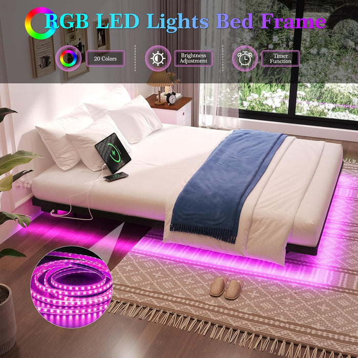 Floating Bed Frame Queen Size with Smart LED Lights & Charging Station