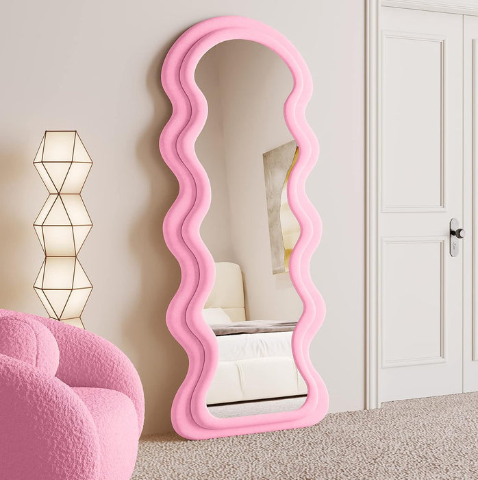 Full Length Mirror 63"X24", Irregular Wavy Mirrors, Wave Arched Floor Mirror, Wall Mirror Standing Hanging or Leaning against Wall for Bedroom, Flannel Wrapped Wooden Frame Mirror-Pink
