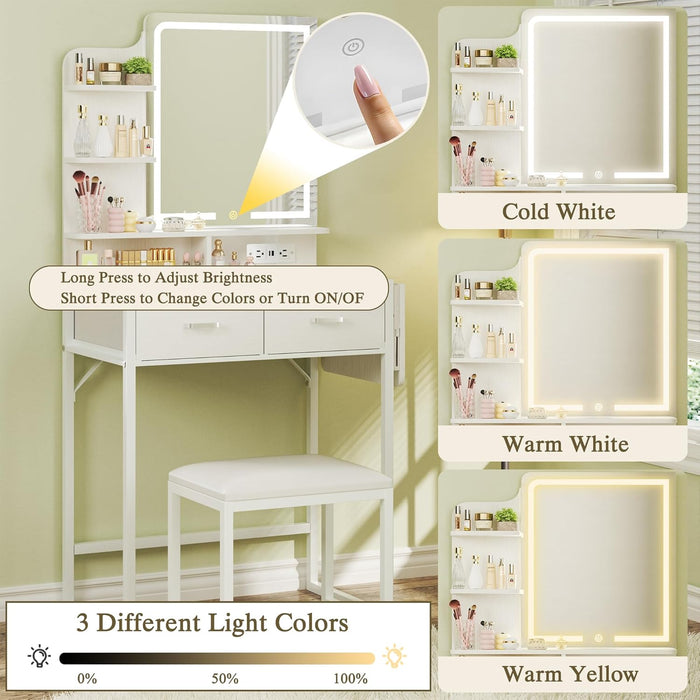 Small Vanity Desk with Mirror and Lights, Makeup Vanity with Fabric Storage Drawer, Chair and Three Shelves, White Vanity with Power Outlet and Fold-Up Panel, Bedroom