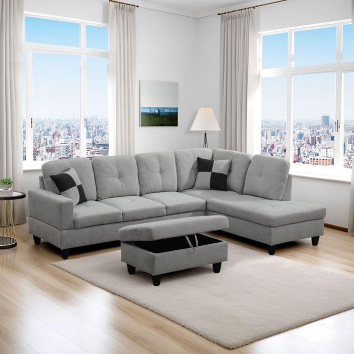 L-Shaped 3-Piece Flannel Sofa with Storage Ottoman Set, Sectional Couch Sofa Set for Living Room, Office, Small Space, Light Grey