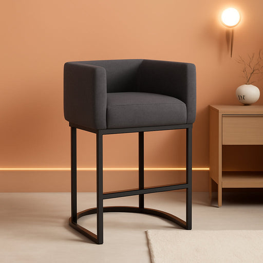 27" H Counter Height Bar Stools, Modern Barrel Counter Stools with Backrest and Arms, Black Metal Frames, Linen Fabric Upholstered Accent Barstools for Kitchen Island, Carbon Gray